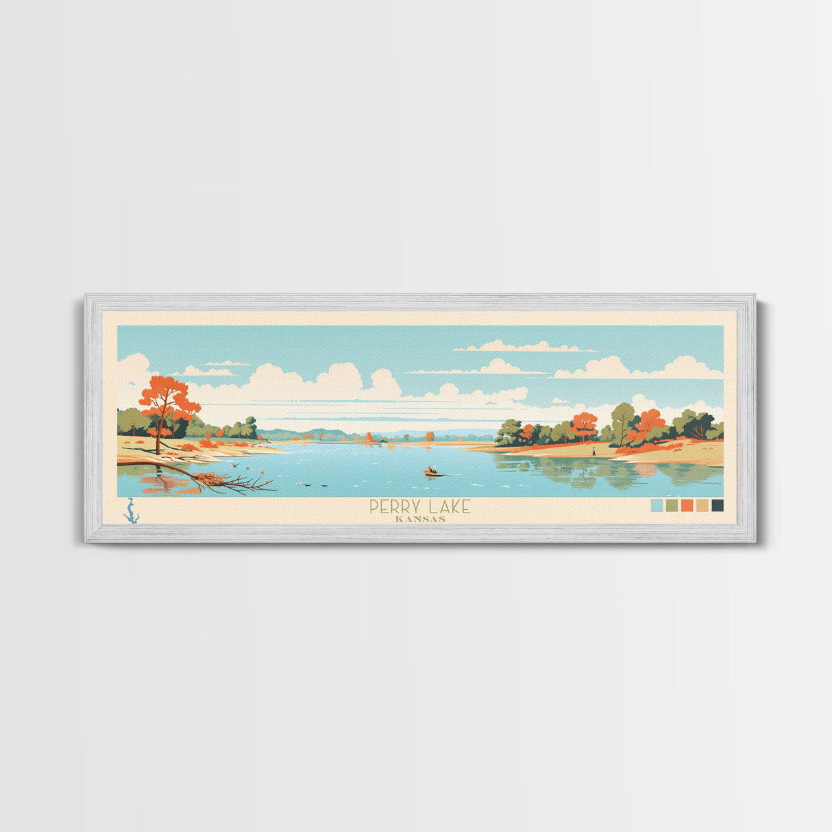 Perry Lake, Kansas Framed Canvas Print, Panoramic Wall Art, Midcentury Modern, Pop Art, Home Decor, Travel Poster, Living Room Art