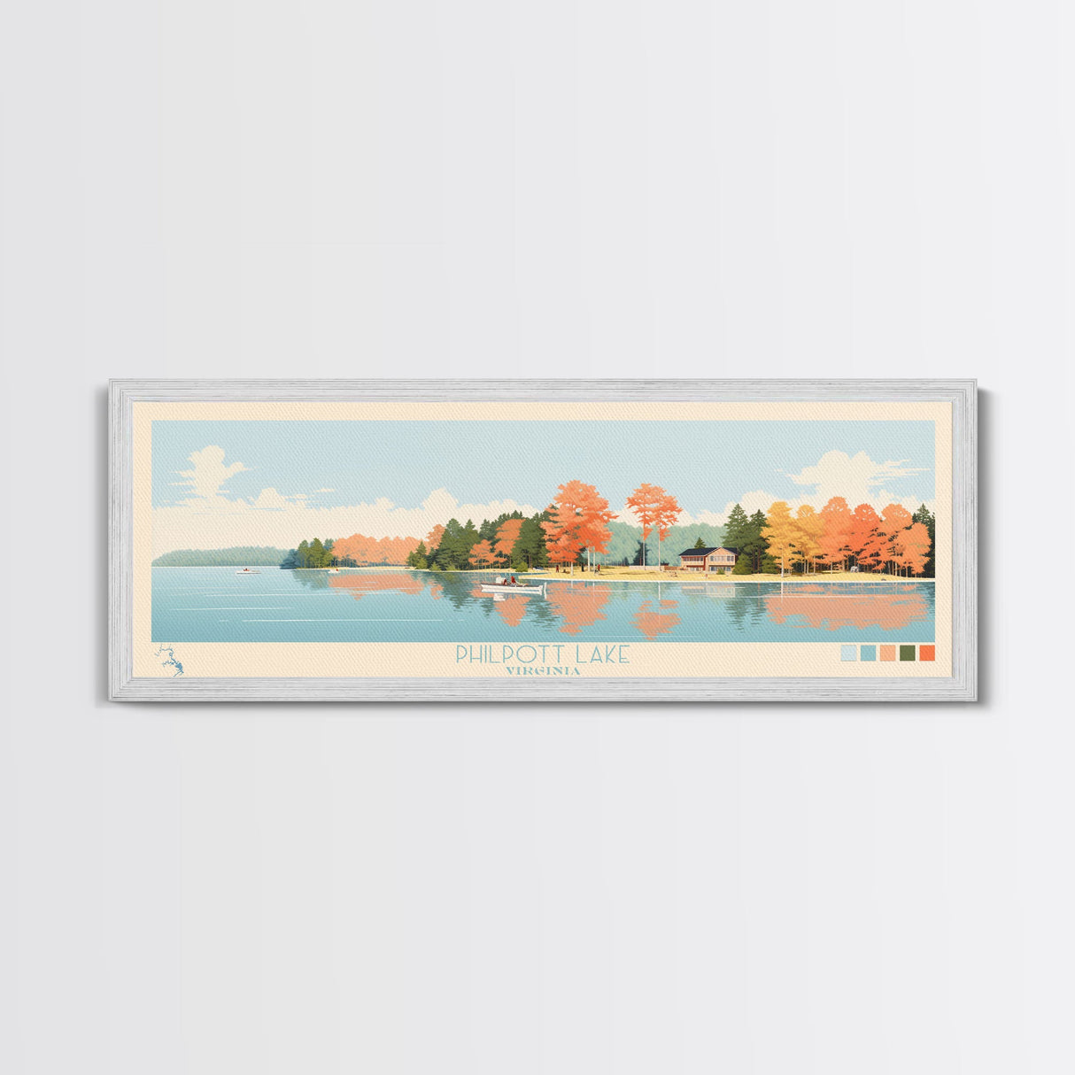 Philpott Lake, Virginia Framed Canvas Print, Panoramic Wall Art, Midcentury Modern, Pop Art, Home Decor, Travel Poster, Living Room Art