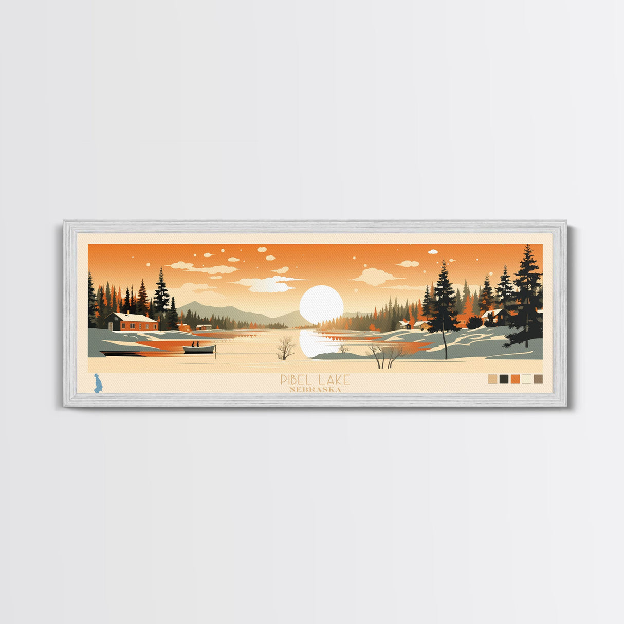 Pibel Lake, Nebraska Framed Canvas Print, Panoramic Wall Art, Midcentury Modern, Pop Art, Home Decor, Travel Poster, Bedroom Art