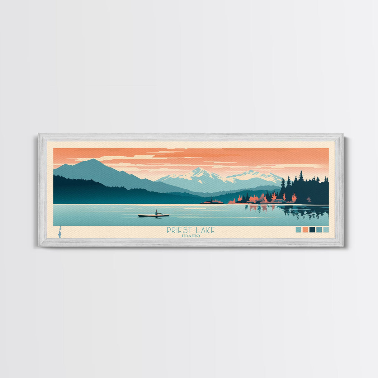 Priest Lake, Idaho Framed Canvas Print, Bedroom Art, Midcentury Modern, Pop Art, Panoramic Wall Art, Travel Poster