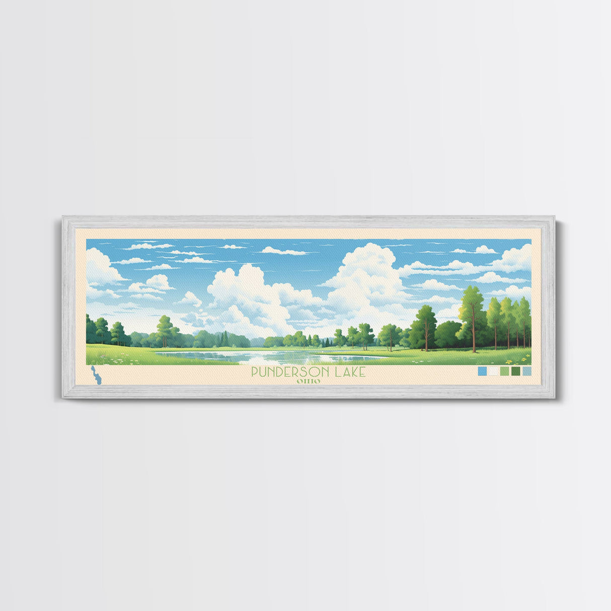 Punderson Lake, Ohio Framed Canvas Print, Living Room Art, Midcentury Modern, Pop Art, Panoramic Wall Art, Travel Poster