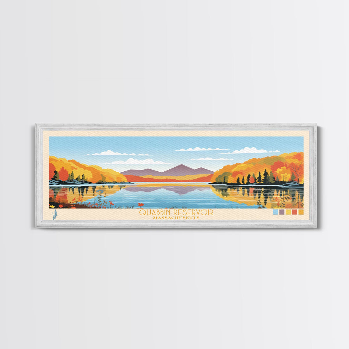 Quabbin Reservoir, Massachusetts Framed Canvas Print, Bedroom Art, Midcentury Modern, Panoramic Travel Poster, Pop Art, Wall Decor