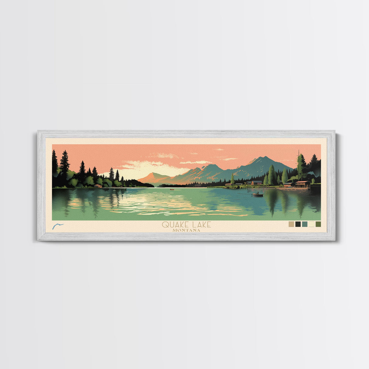 Quake Lake, Montana Framed Canvas Print, Home Decor, Midcentury Modern, Panoramic Wall Art, Pop Art, Travel Poster