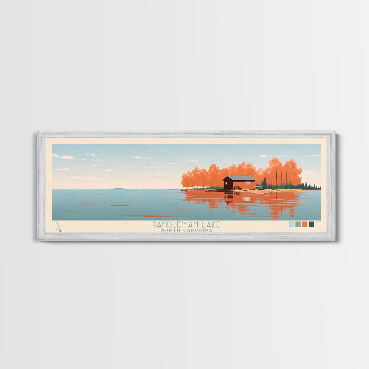 Randleman Lake, North Carolina Framed Canvas Print, Living Room Art, Midcentury Modern, Panoramic Wall Art, Pop Art, Travel Poster