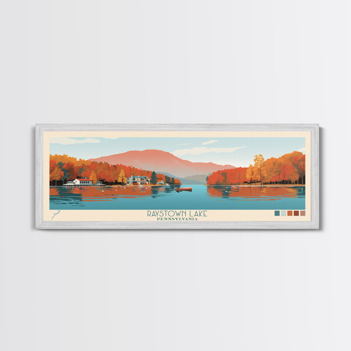 Raystown Lake, Pennsylvania Framed Canvas Print, Living Room Art, Midcentury Modern, Panoramic Travel Poster, Wall Art, Pop Art