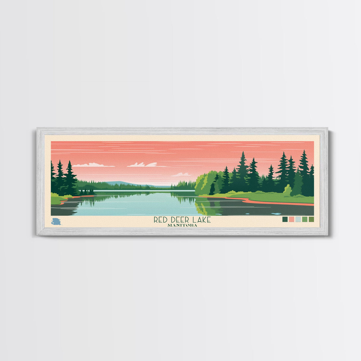 Red Deer Lake, Manitoba Framed Canvas Print, Panoramic Travel Poster, Midcentury Modern Art, Wall Decor, Pop Art, Home Decoration