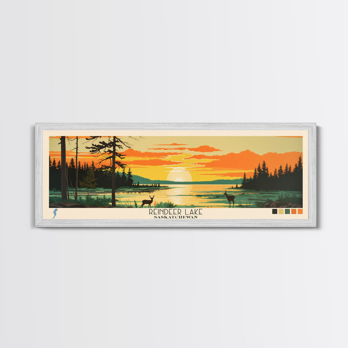 Reindeer Lake, Saskatchewan Framed Canvas Print, Panoramic Travel Poster, Midcentury Modern Art, Bedroom Decor, Pop Art, Wall Decoration