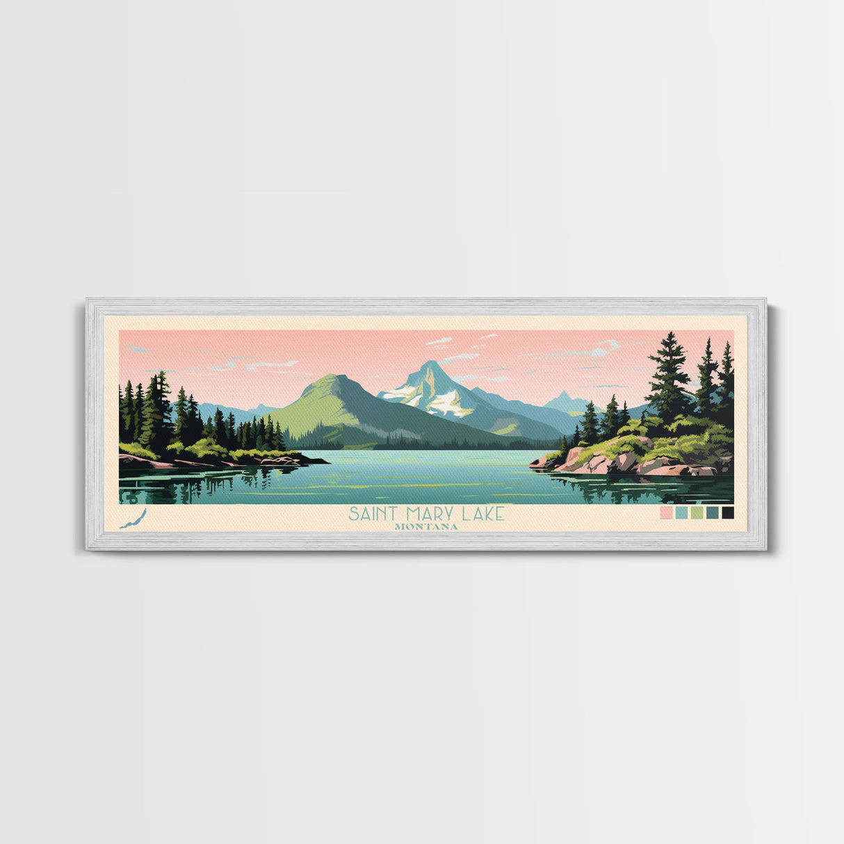 Saint Mary Lake, Montana Framed Canvas Print, Panoramic Travel Poster, Midcentury Modern Art, Bedroom Decor, Pop Art, Wall Art