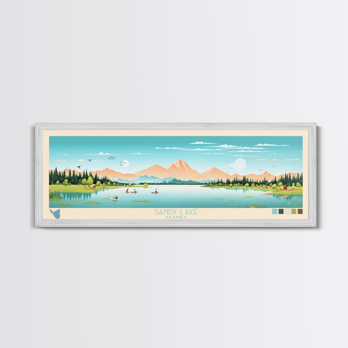 Sandy Lake, Alaska Framed Canvas Print, Panoramic Travel Poster, Midcentury Modern Art, Living Room Decor, Pop Art, Wall Art