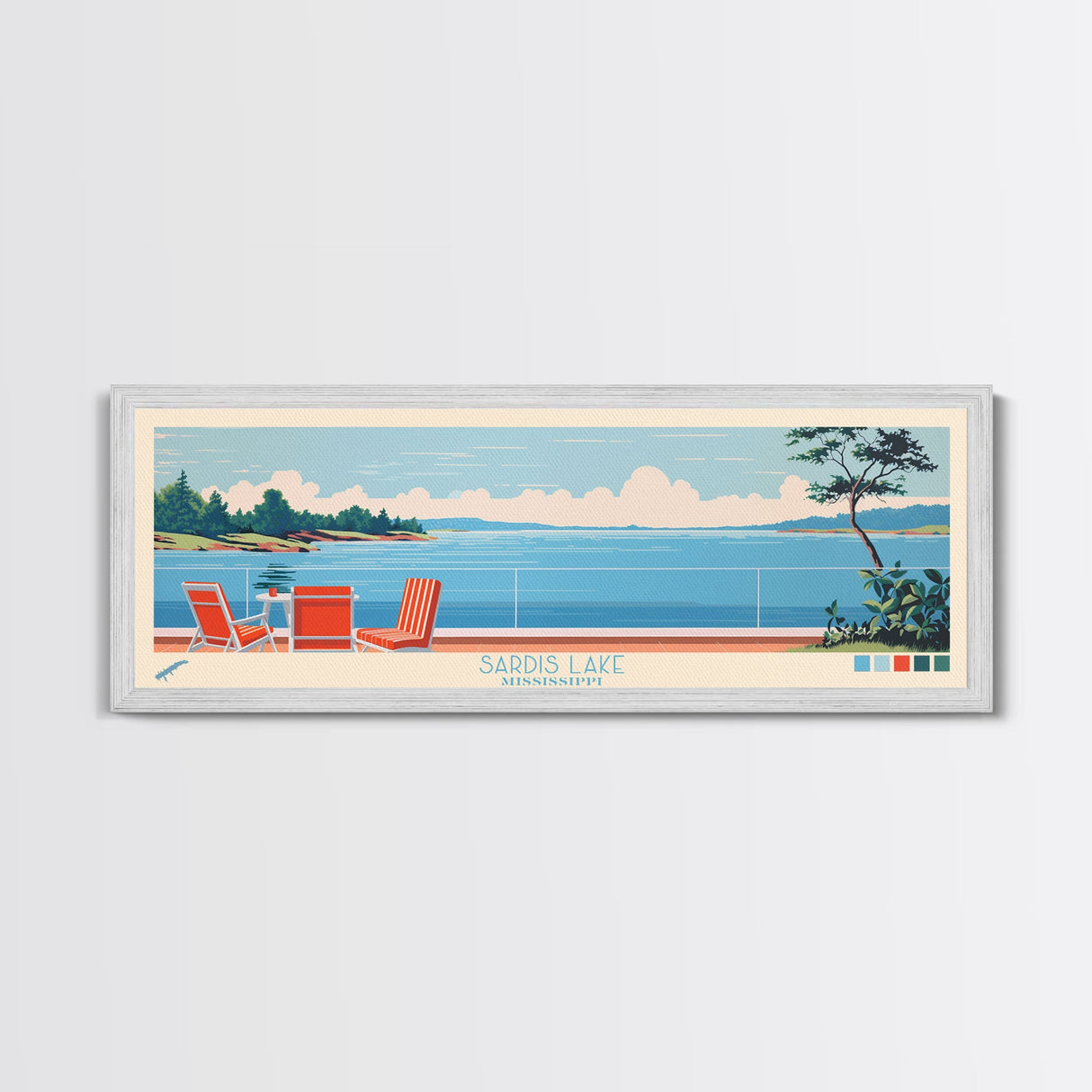 Sardis Lake, Mississippi Framed Canvas Print, Panoramic Wall Art, Midcentury Modern Decor, Bedroom Art, Pop Art, Travel Poster