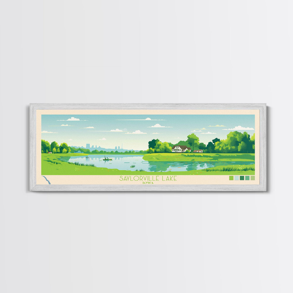 Saylorville Lake, Iowa Framed Canvas Print, Panoramic Travel Poster, Midcentury Modern Art, Home Decor, Pop Art, Bedroom Decoration