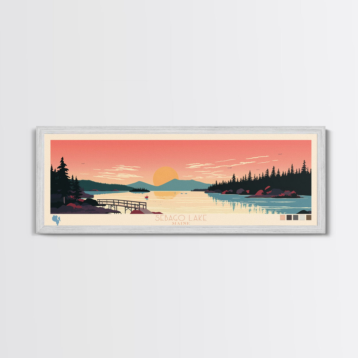 Sebago Lake, Maine Framed Canvas Print, Panoramic Travel Poster, Midcentury Modern Art, Home Decoration, Pop Art, Wall Art