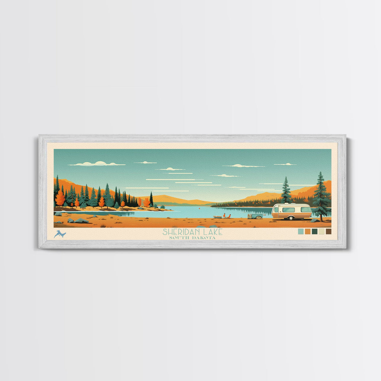 Sheridan Lake, South Dakota Framed Canvas Print, Panoramic Wall Art, Midcentury Modern Decor, Pop Art, Travel Poster, Living Room Decoration