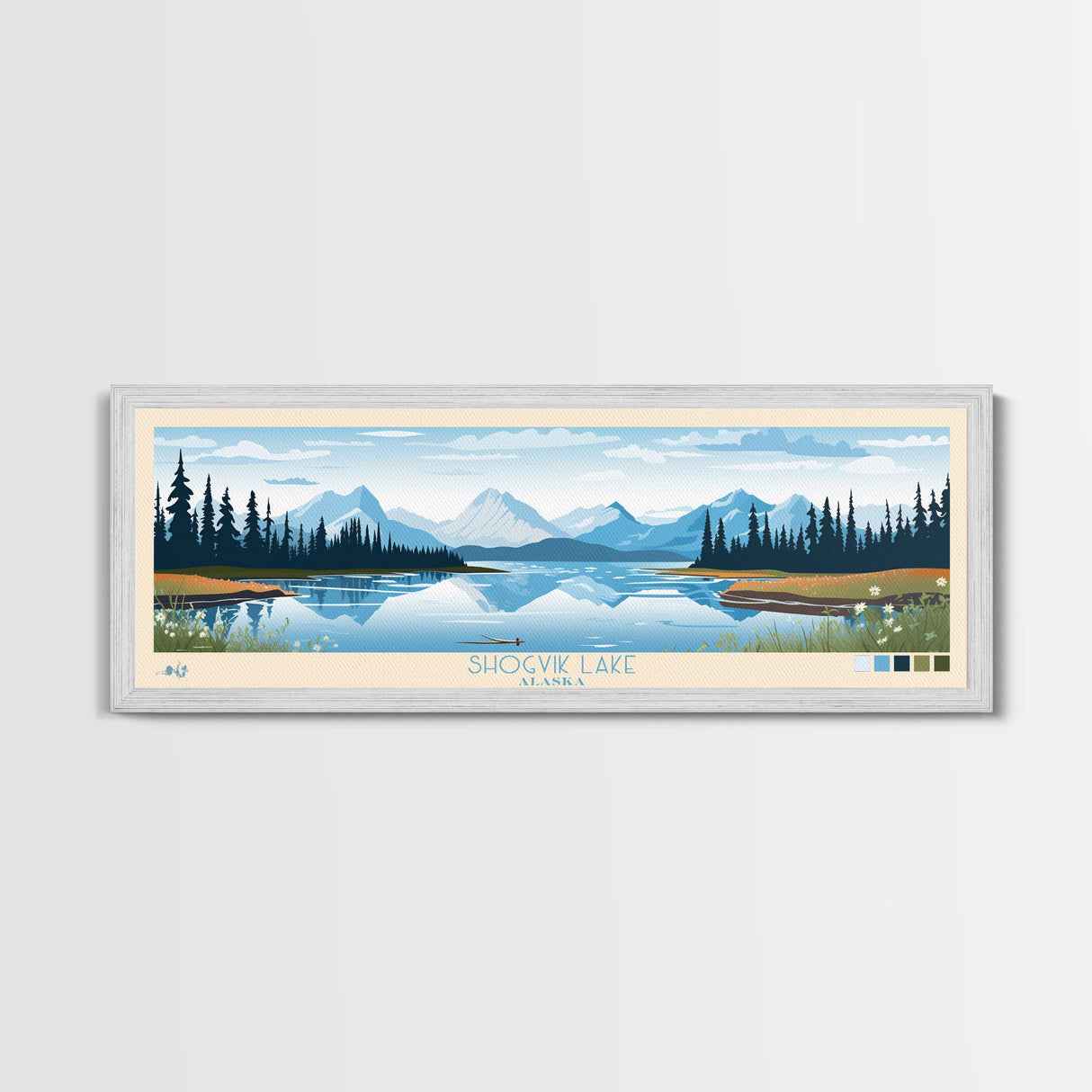 Shogvik Lake, Alaska Framed Canvas Print, Panoramic Travel Poster, Midcentury Modern Art, Home Decor, Pop Art, Wall Art