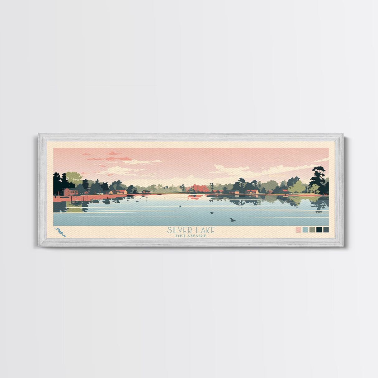 Silver Lake, Delaware Framed Canvas Print, Panoramic Wall Art, Midcentury Modern Decor, Pop Art, Travel Poster, Home Decoration