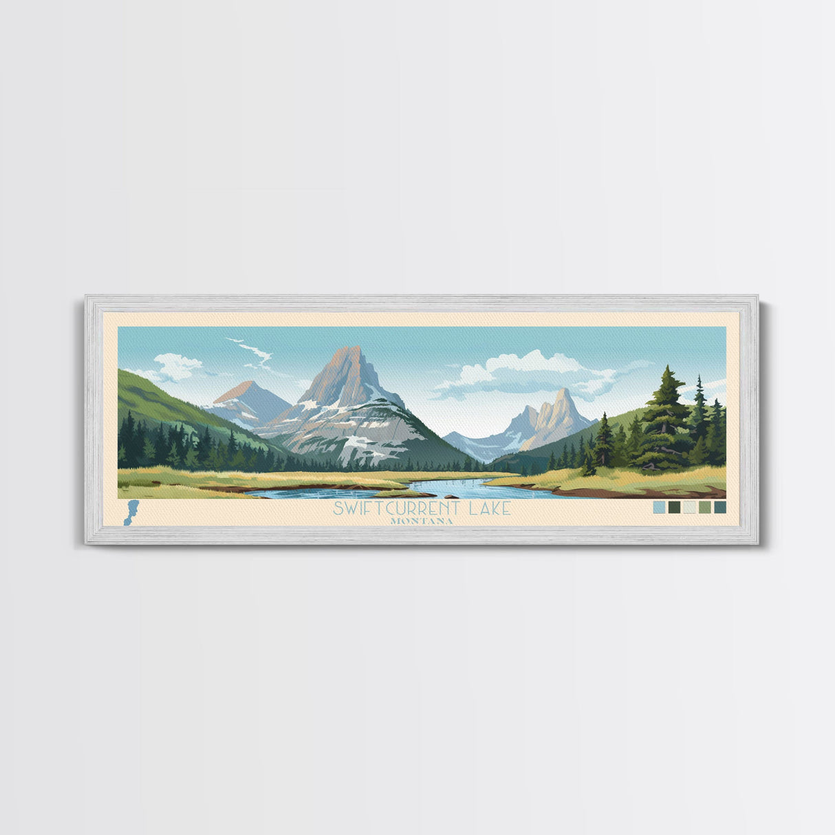 Swiftcurrent Lake, Montana Framed Canvas Print, Lake House Decor, Midcentury Modern Art, Pop Art, Travel Poster, Bedroom Wall Art