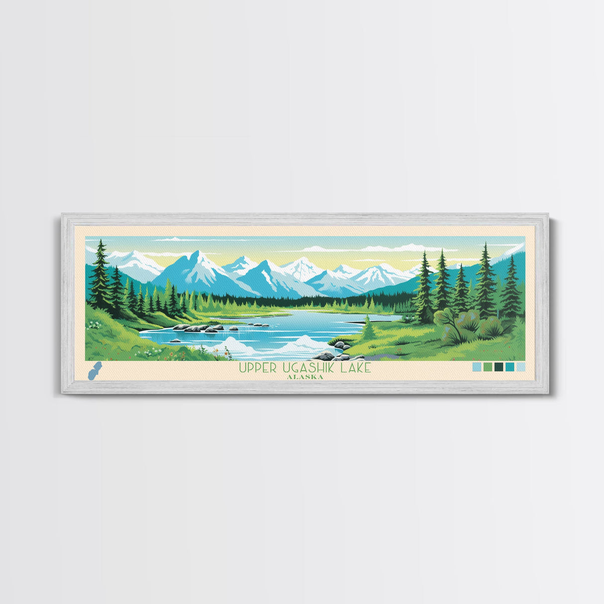 Upper Ugashik Lake, Alaska Framed Canvas Print, Panoramic Lake House Art, Midcentury Modern Decor, Pop Art, Travel Poster, Living Room Wall Art