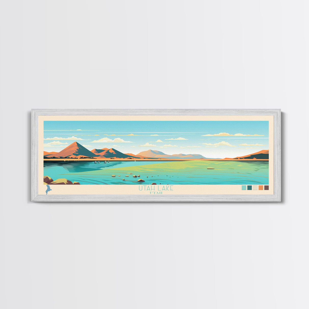 Utah Lake, Utah Framed Canvas Print, Panoramic Lake House Decor, Midcentury Modern Art, Pop Art, Travel Poster, Bedroom Wall Art