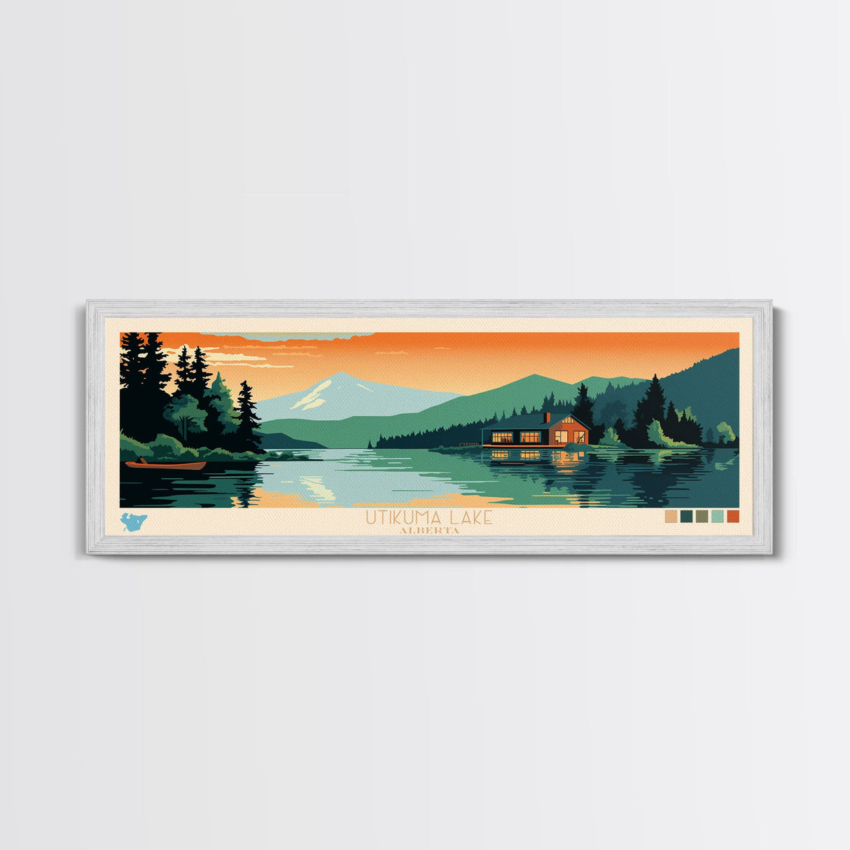 Utikuma Lake, Alberta Framed Canvas Print, Panoramic Lake House Art, Midcentury Modern Decor, Pop Art, Travel Poster, Living Room Wall Art