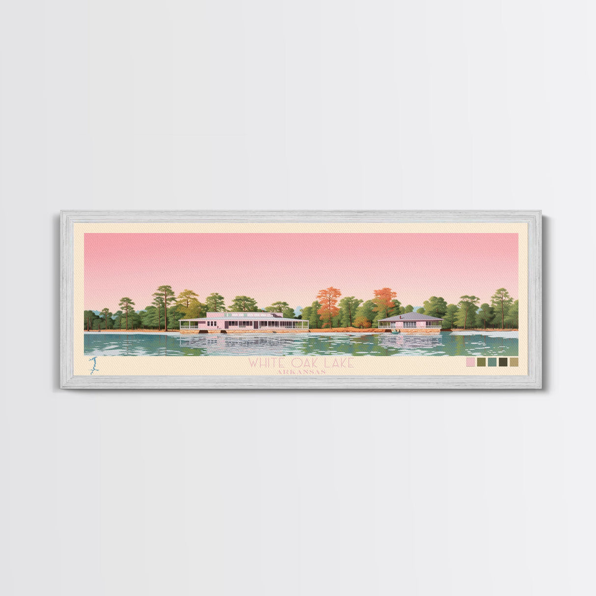 White Oak Lake, Arkansas Framed Canvas Print, Panoramic Lake House Decor, Midcentury Modern Art, Pop Art, Travel Poster, Living Room Wall Art