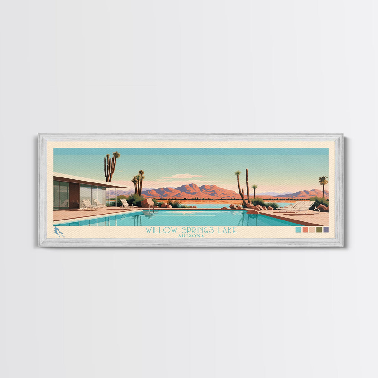 Willow Springs Lake, Arizona Panoramic Framed Canvas Print, Lake House Art, Midcentury Modern Decor, Pop Art, Travel Poster, Bedroom Wall Art