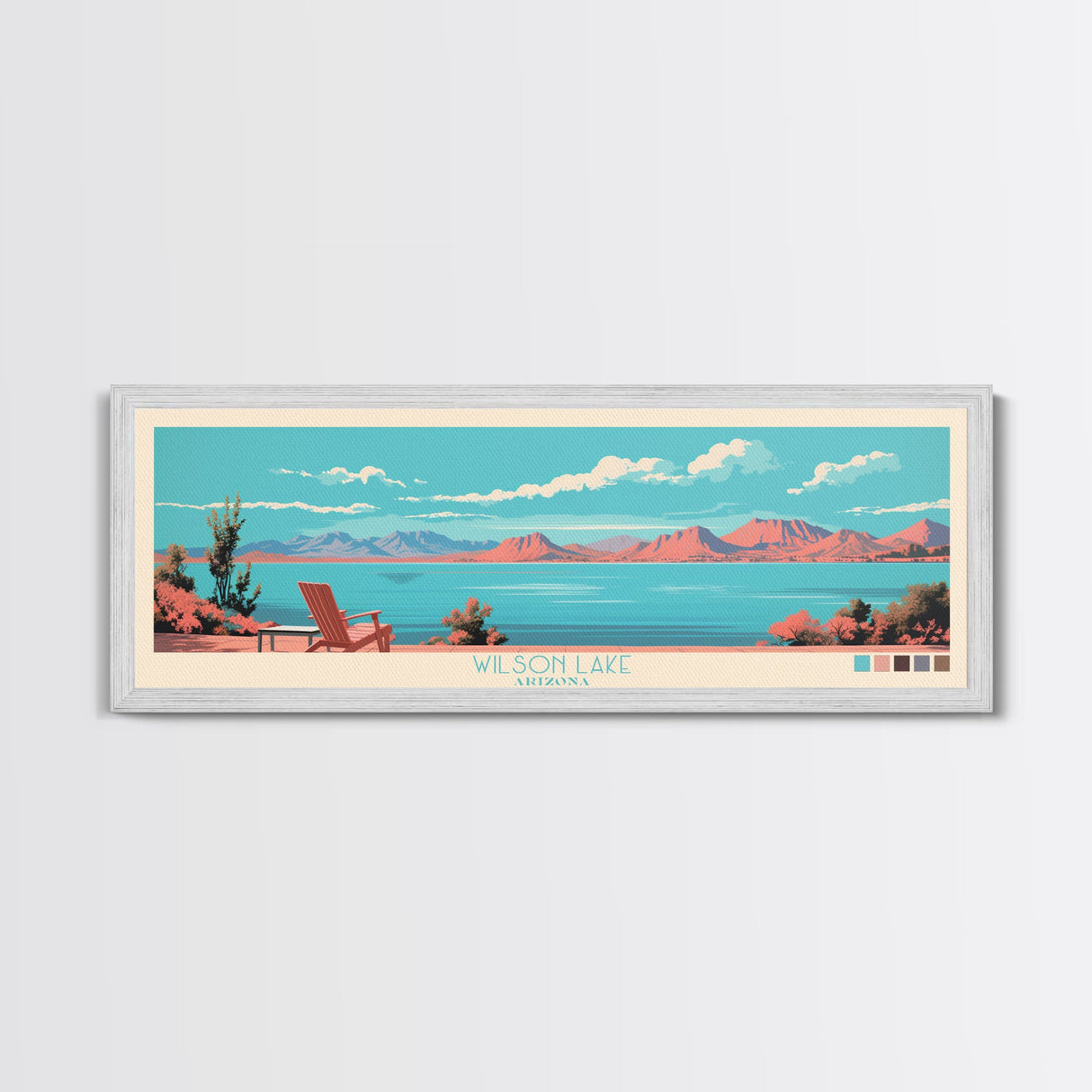 Wilson Lake, Arizona Framed Canvas Print, Panoramic Lake House Art, Midcentury Modern Decor, Pop Art, Travel Poster, Wall Art