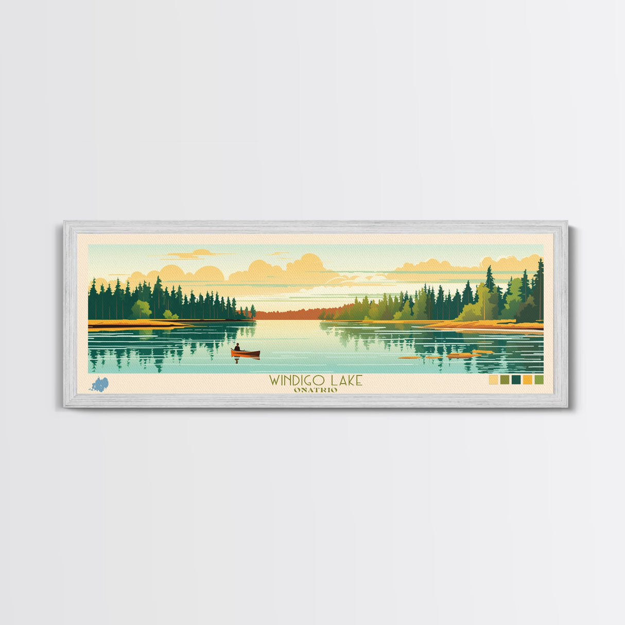 Windigo Lake, Ontario Panoramic Framed Canvas Print, Lake House Decor, Midcentury Modern Art, Pop Art, Travel Poster