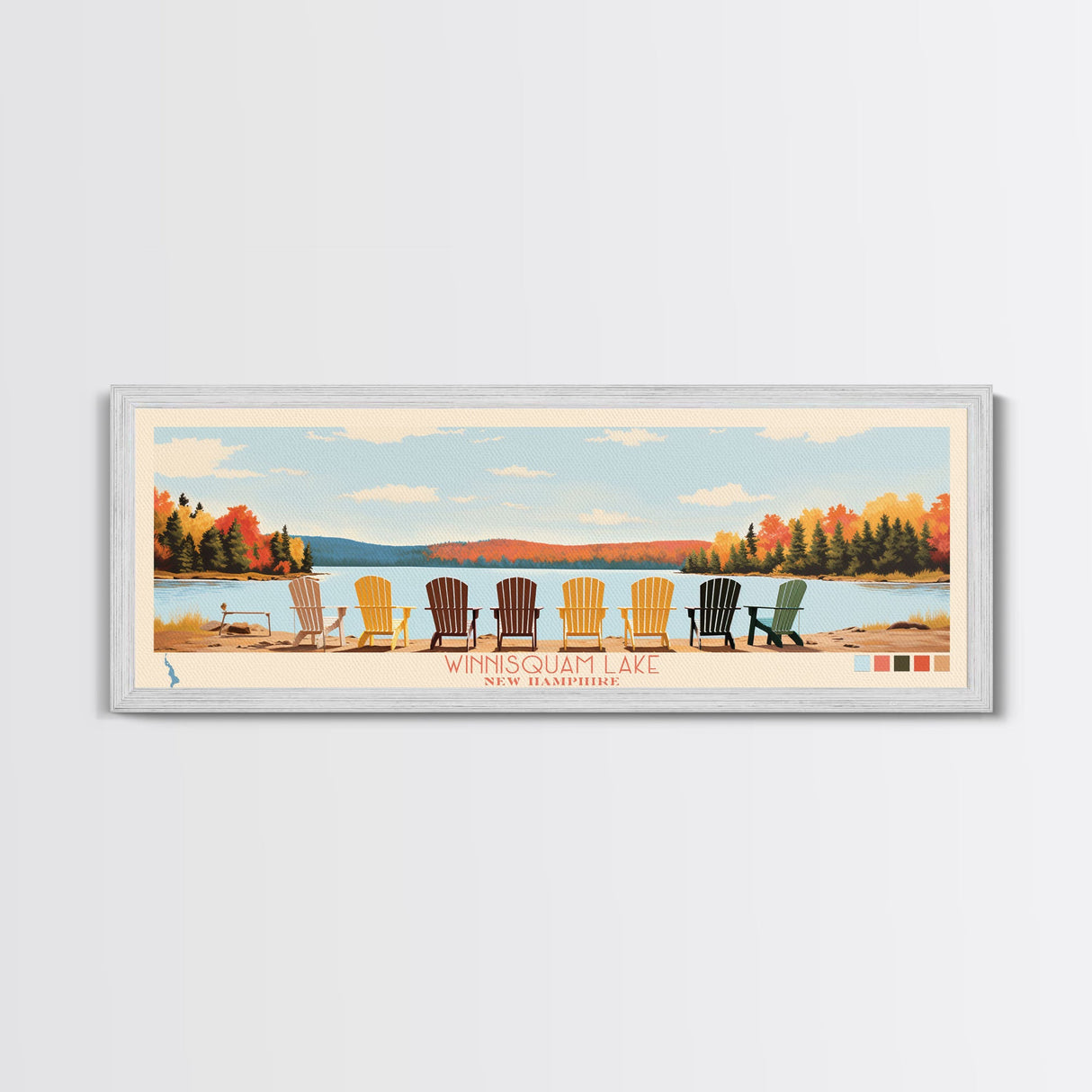 Winnisquam Lake, New Hampshire Panoramic Framed Canvas Print, Lake House Decor, Midcentury Modern Art, Pop Art, Travel Poster