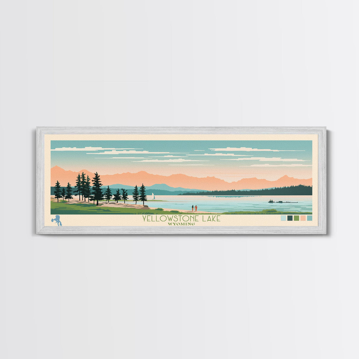 Yellowstone Lake, Wyoming Panoramic Framed Canvas Print, Lake House Art, Midcentury Modern Decor, Pop Art, Travel Poster