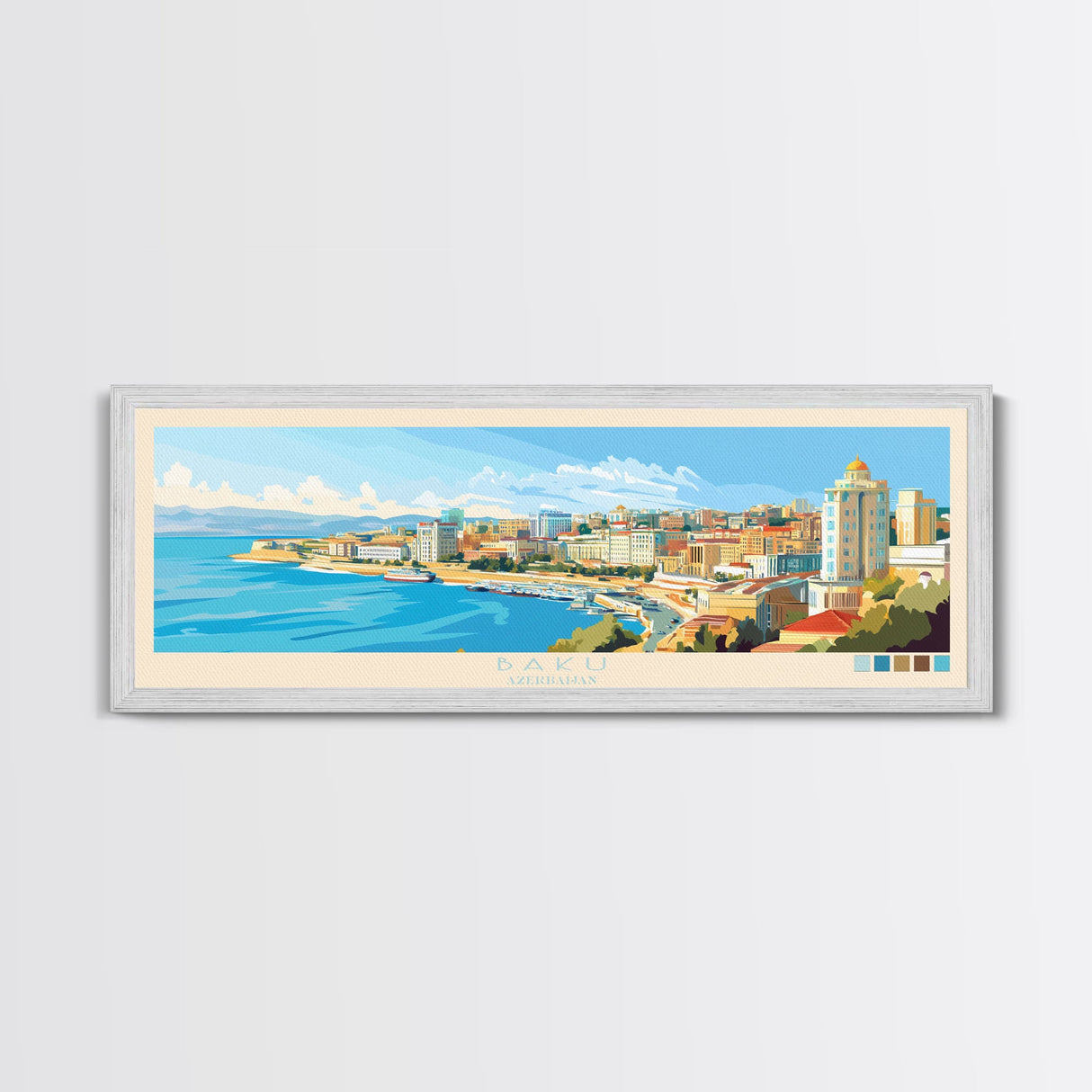 Baku, Azerbaijan Panoramic Travel Poster Canvas Print, Baku, Azerbaijan Painting, Azerbaijan Art, Baku Travel Art, Guest Room Painting