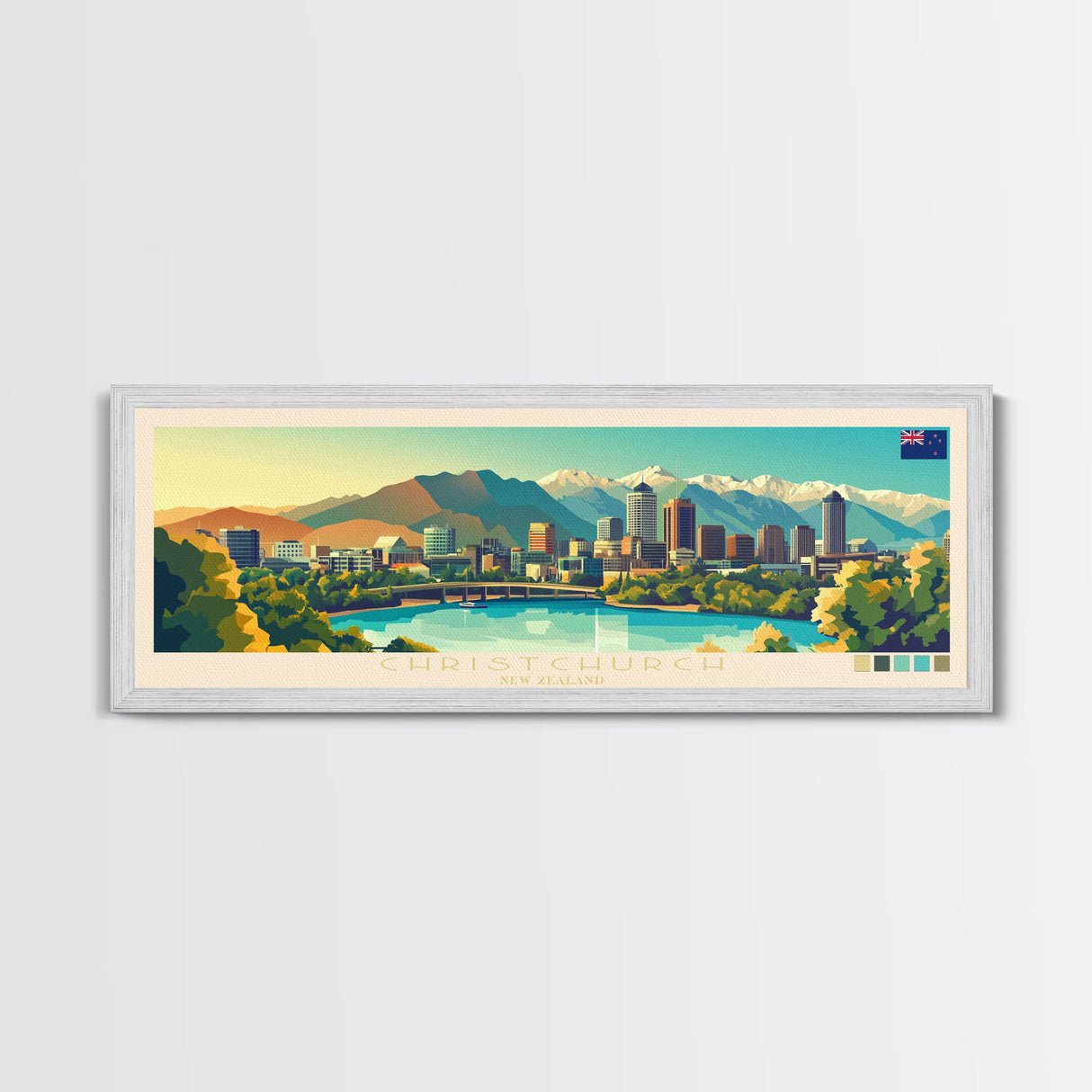 Panoramic Travel Poster Christchurch, New Zealand Canvas Print, Christchurch, New Zealand Painting, New Zealand Art, Christchurch Travel Art, Guest Room Painting