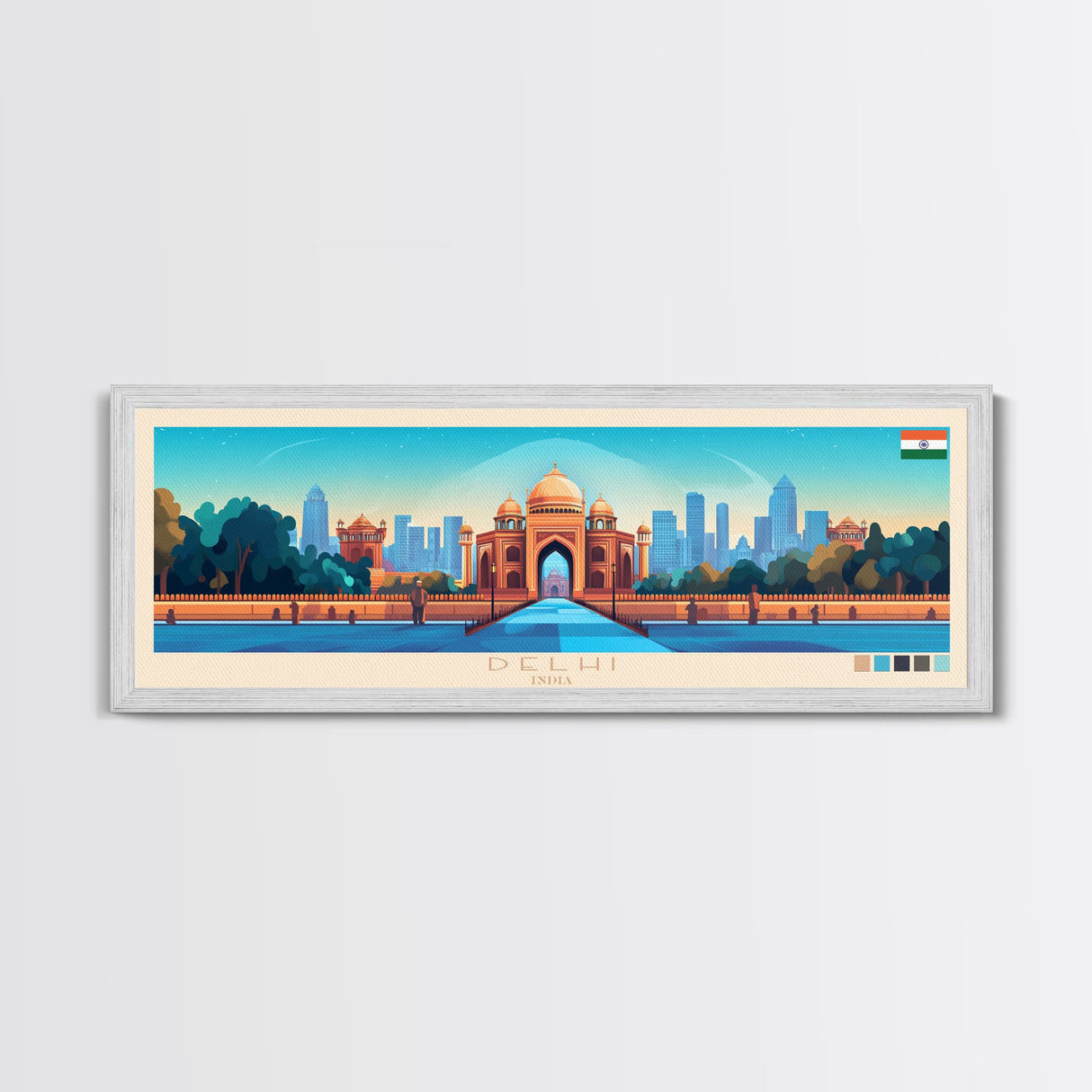 Delhi, India Travel Poster Panoramic Canvas Print, Delhi, India Painting, India Art, Delhi Travel Art, Guest Room Painting