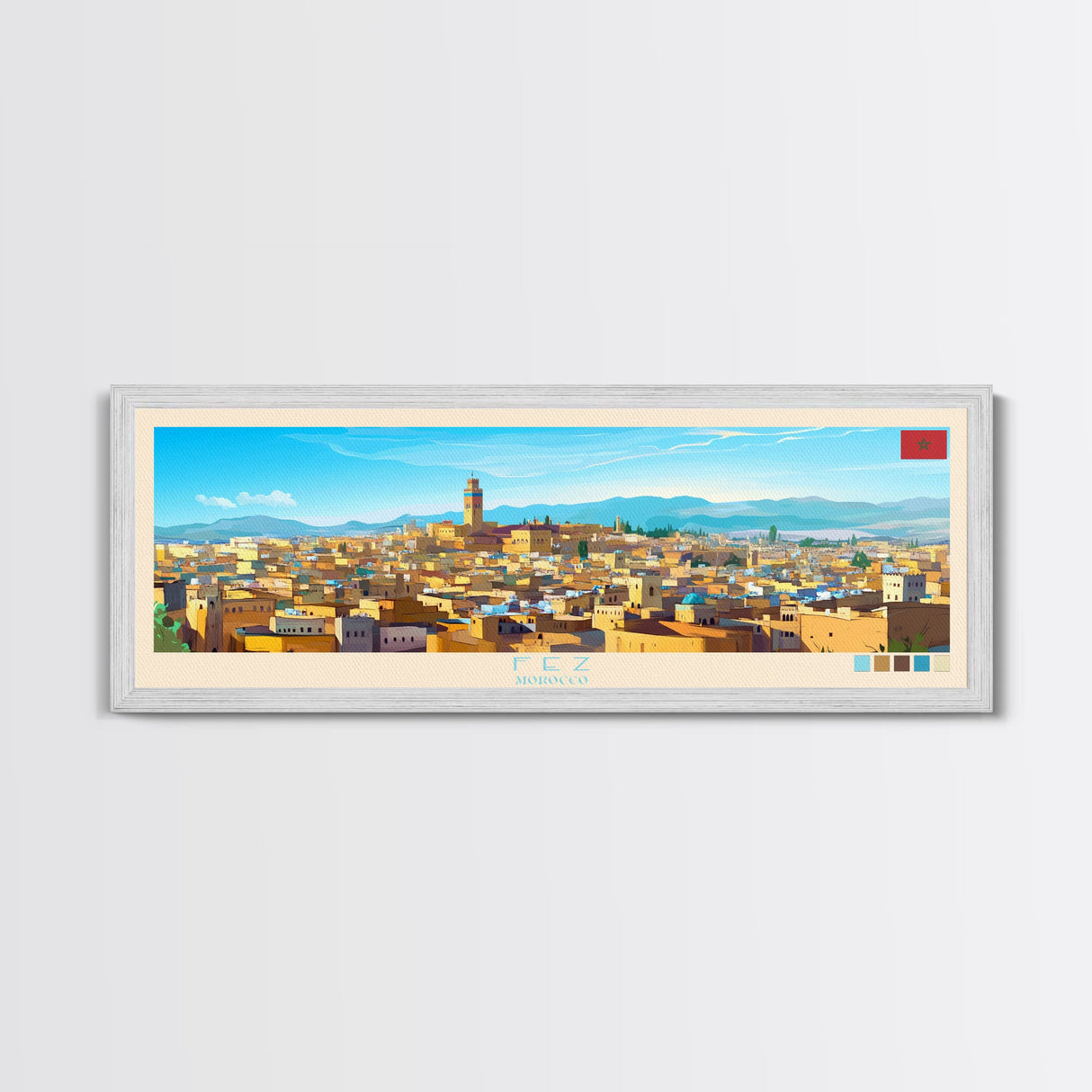 Fez, Morocco Travel Poster Panoramic Canvas Print, Fez, Morocco Painting, Morocco Art, Fez Travel Art, Guest Room Painting