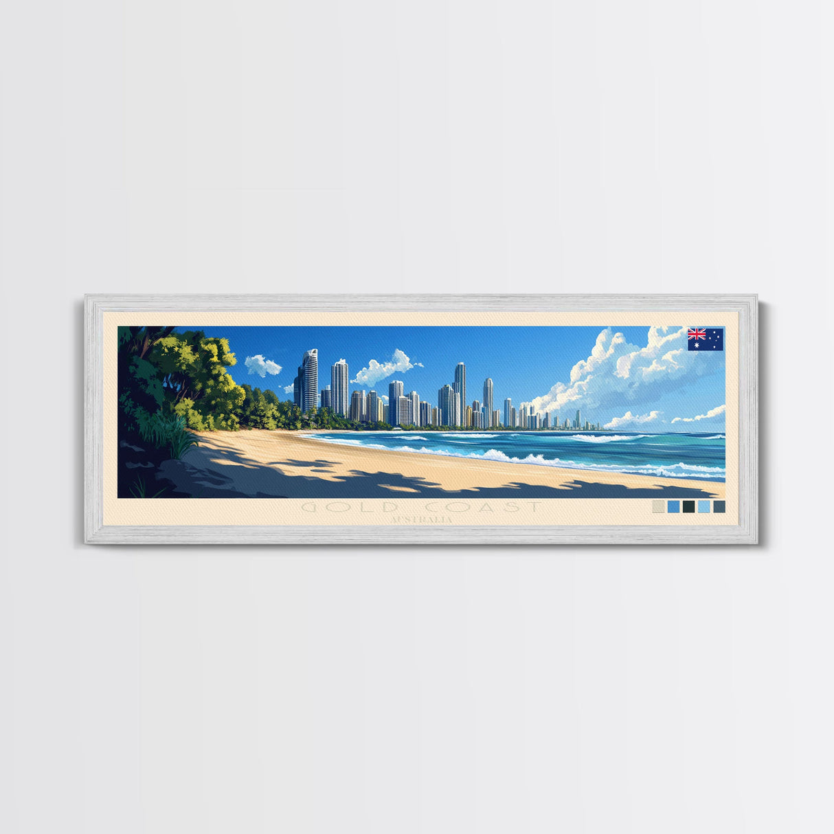 Gold Coast, Australia Travel Poster Panoramic Canvas Print, Gold Coast, Australia Painting, Australia Art, Gold Coast Travel Art, Guest Room Painting