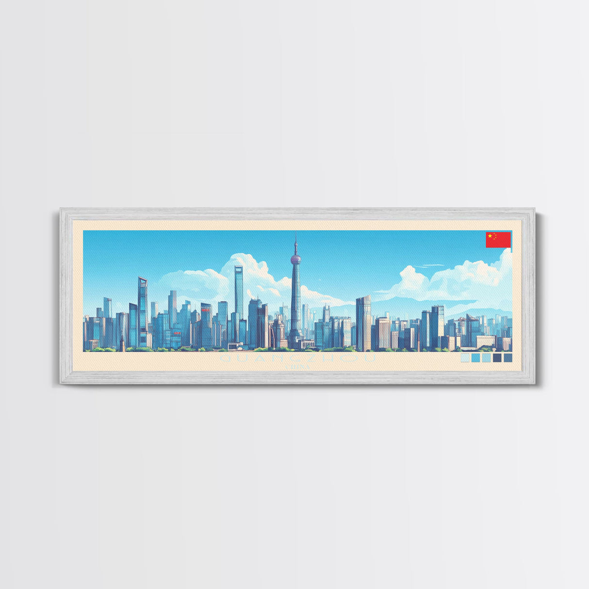 Guangzhou, China Panoramic Travel Poster Canvas Print, Guangzhou, China Painting, China Art, Guangzhou Travel Art, Guest Room Painting