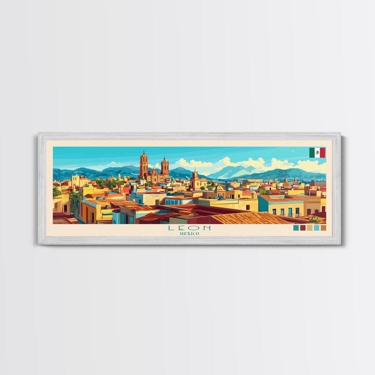 Leon, Mexico Panoramic Travel Poster Canvas Print, Leon, Mexico Painting, Mexico Art, Leon Travel Art, Guest Room Painting