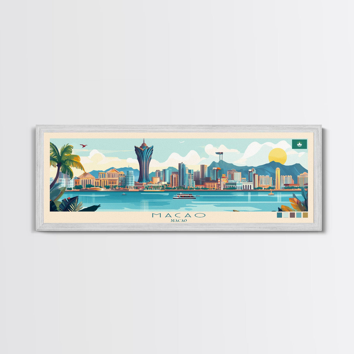 Macao, Macao Panoramic Travel Poster Canvas Print, Macao, Macao Painting, Macao Art, Macao Panoramic Travel Art, Travel Painting