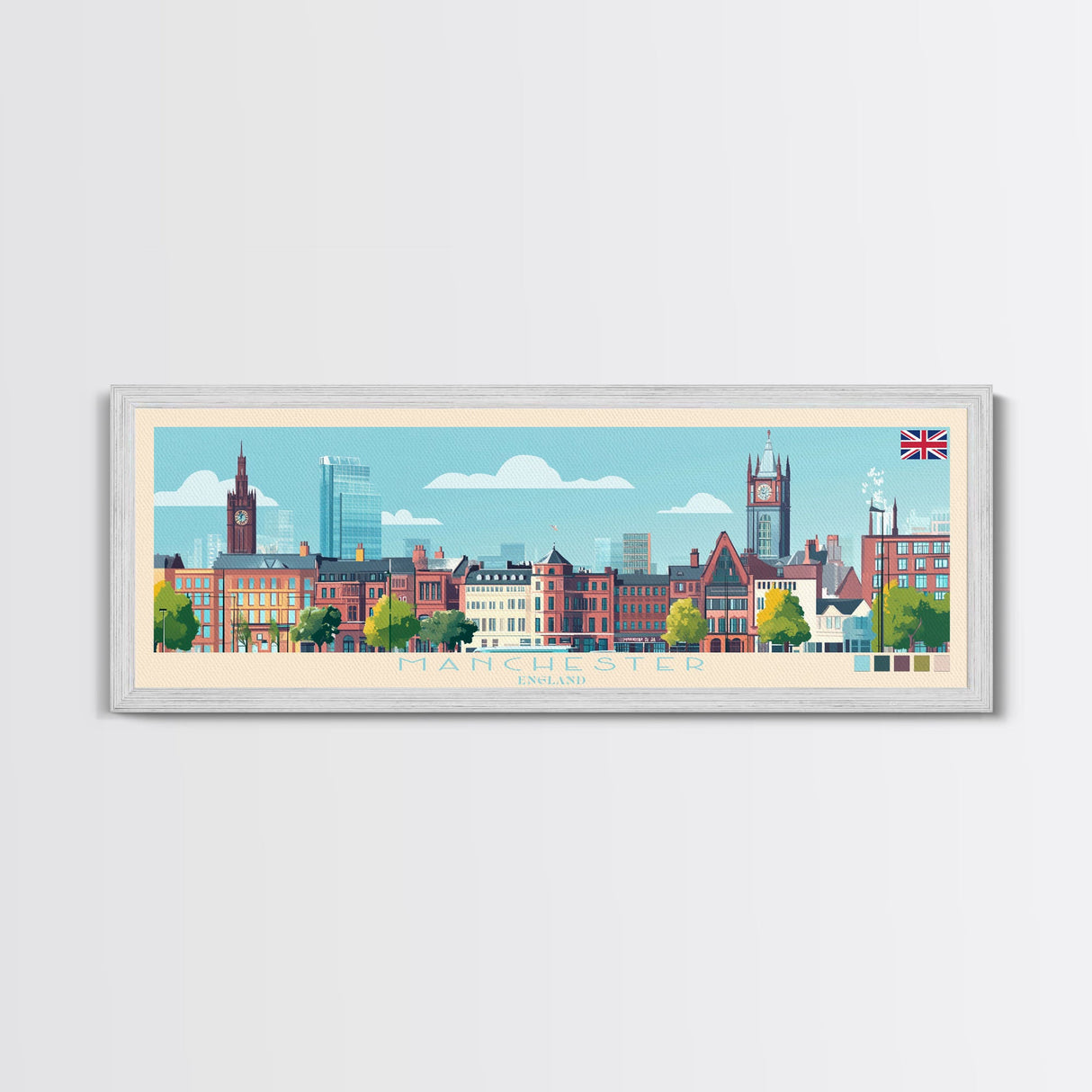 Manchester, England Panoramic Travel Poster Canvas Print, Manchester, England Painting, England Art, Manchester Travel Art, Guest Room Painting