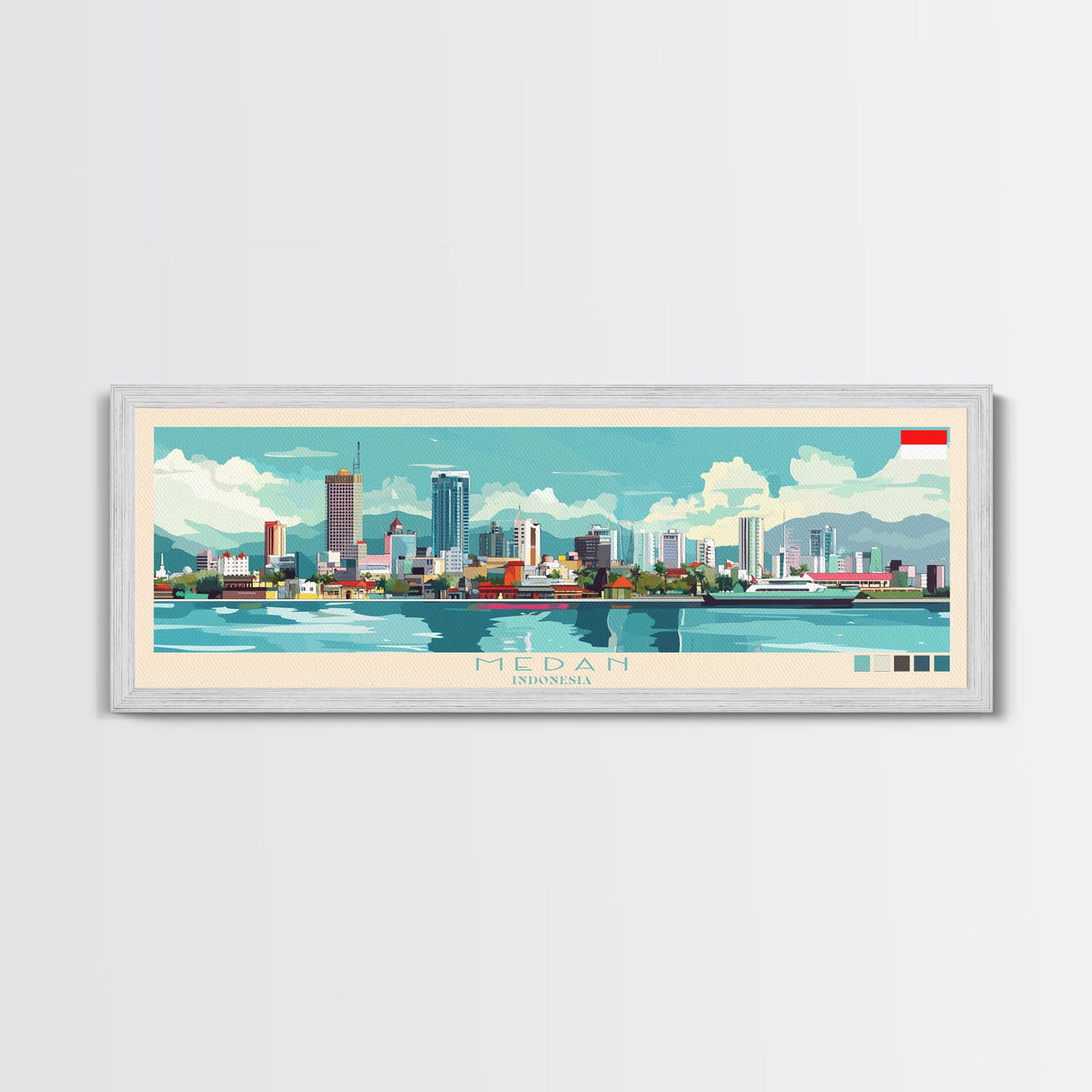 Medan, Indonesia Panoramic Travel Poster Canvas Print, Medan, Indonesia Painting, Indonesia Art, Medan Panoramic Travel Art, Travel Painting