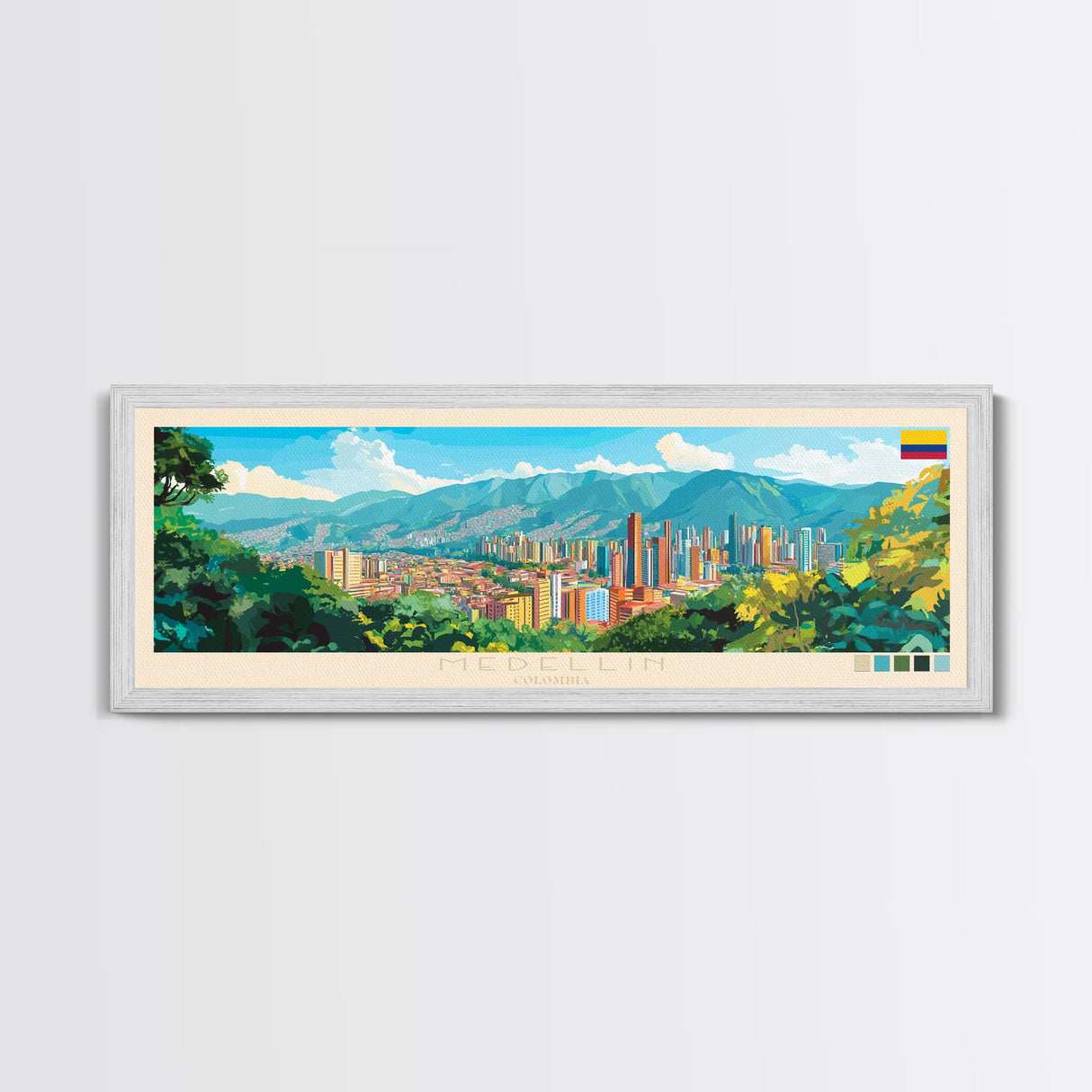 Medellin, Colombia Panoramic Travel Poster Canvas Print, Medellin, Colombia Painting, Colombia Art, Medellin Travel Art, Guest Room Painting