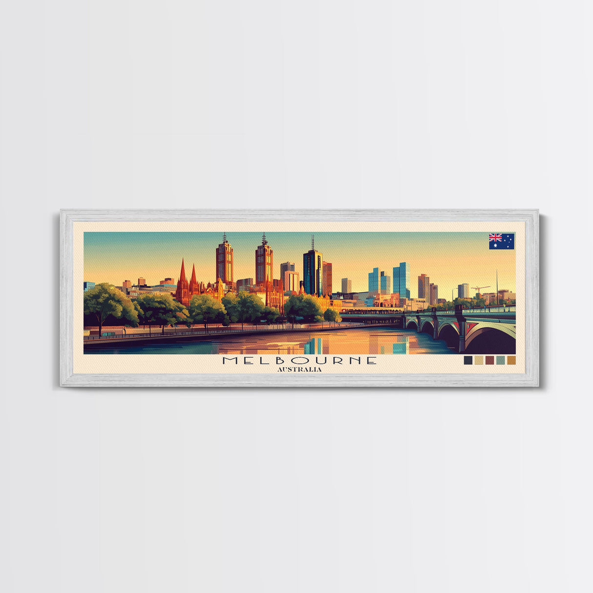 Melbourne, Australia Panoramic Travel Poster Canvas Print, Melbourne, Australia Painting, Australia Art, Melbourne Travel Art, Living Room Painting