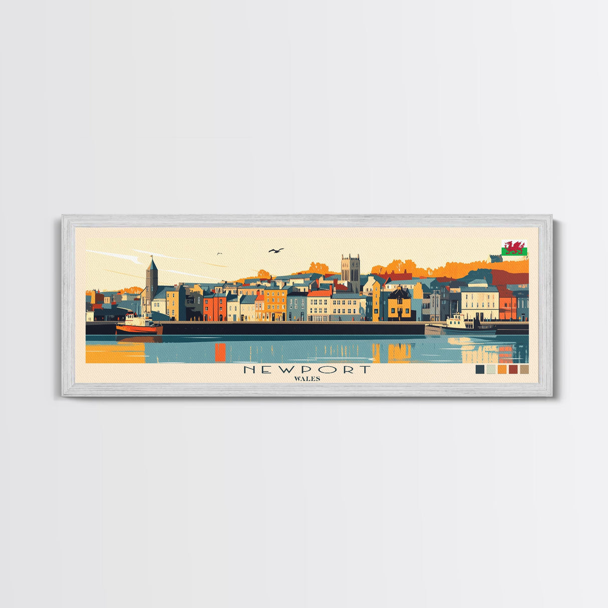 Newport, Wales Panoramic Travel Poster Canvas Print, Newport, Wales Painting, Wales Art, Newport Travel Art, Guest Room Painting