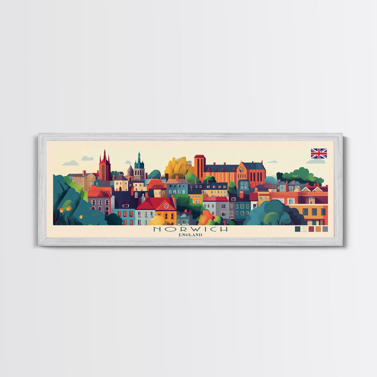 Panoramic Travel Poster Norwich, England Canvas Print, Norwich, England Painting, England Art, Norwich Travel Art, Guest Room Painting