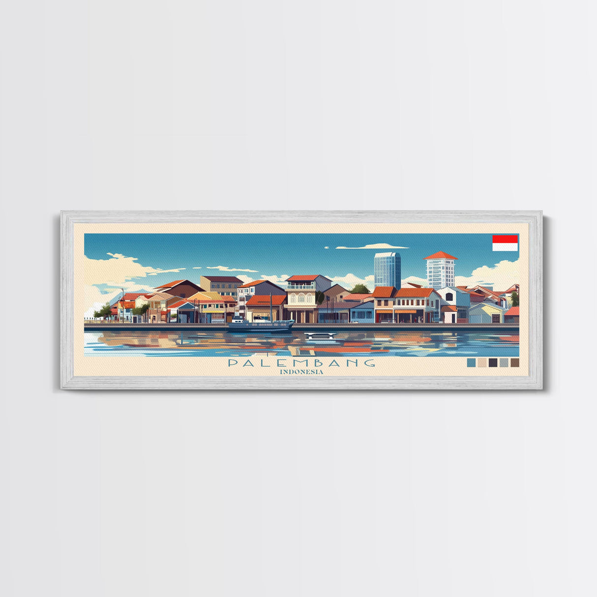 Palembang, Indonesia Panoramic Travel Poster Canvas Print, Palembang, Indonesia Painting, Indonesia Art, Palembang Travel Art, Guest Room Painting