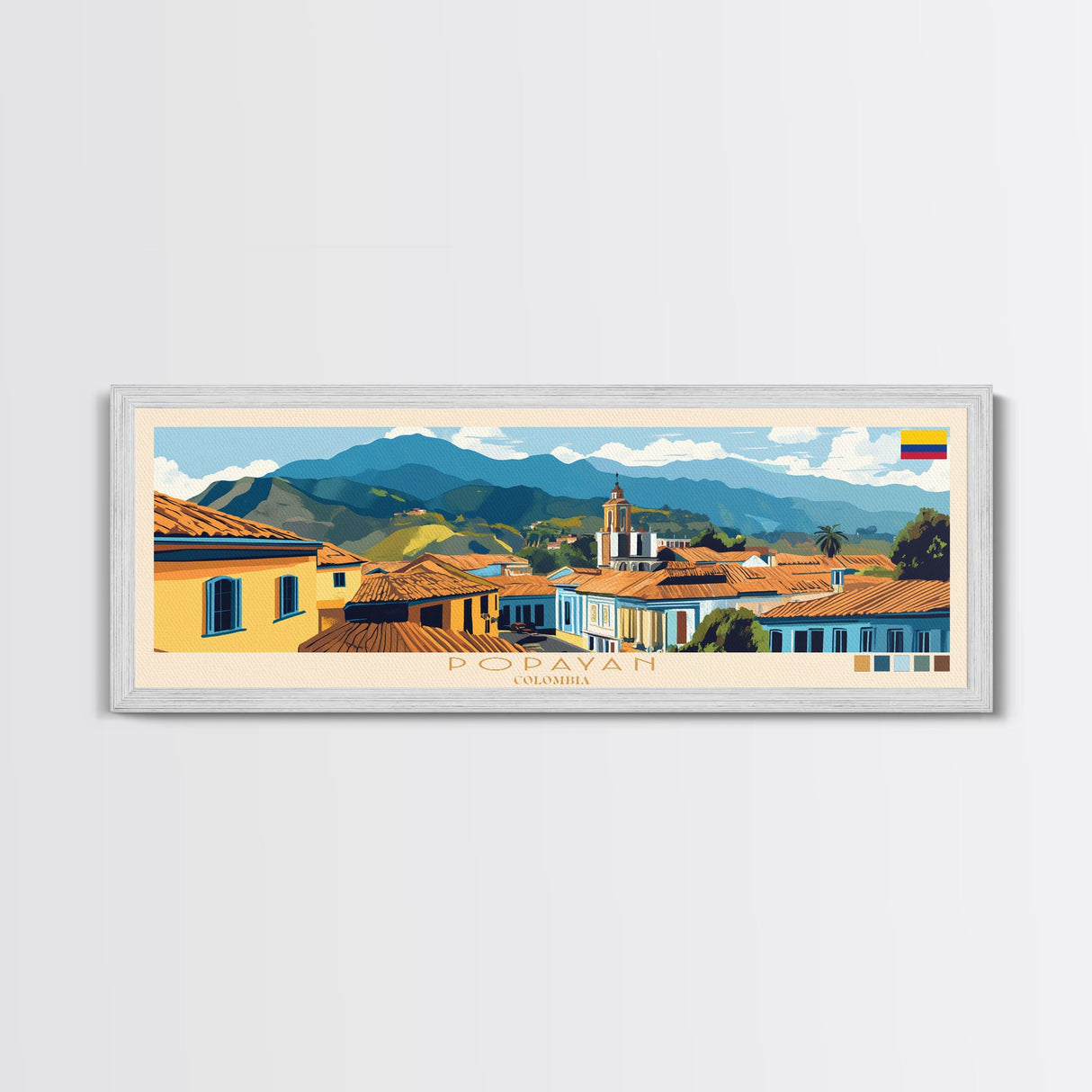 Popayan, Colombia Panoramic Travel Poster Canvas Print, Popayan, Colombia Painting, Colombia Art, Popayan Panoramic Travel Art, Travel Painting