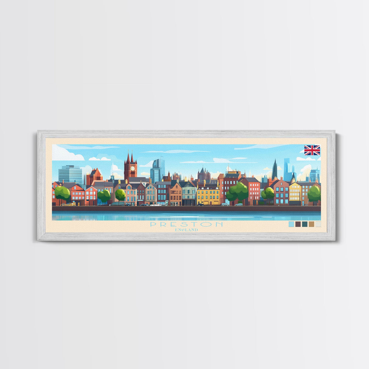 Preston, England Panoramic Travel Poster Canvas Print, Preston, England Painting, England Art, Preston Travel Art, Guest Room Painting