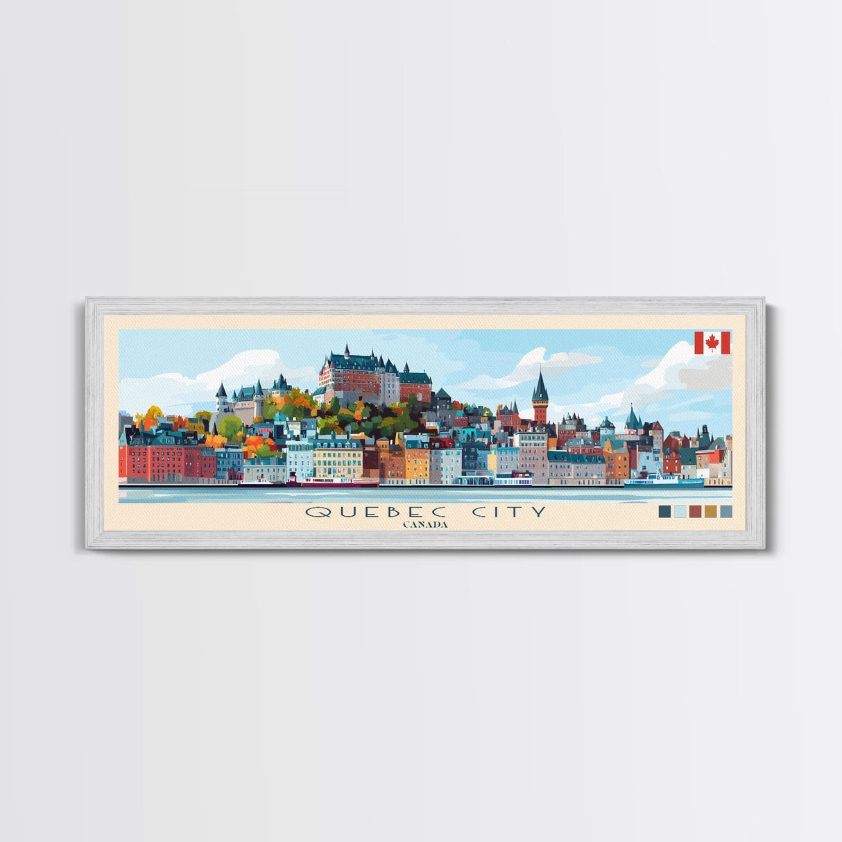 Quebec City, Canada Panoramic Travel Poster Canvas Print, Quebec City, Canada Painting, Canada Art, Quebec City Travel Art, Guest Room Painting