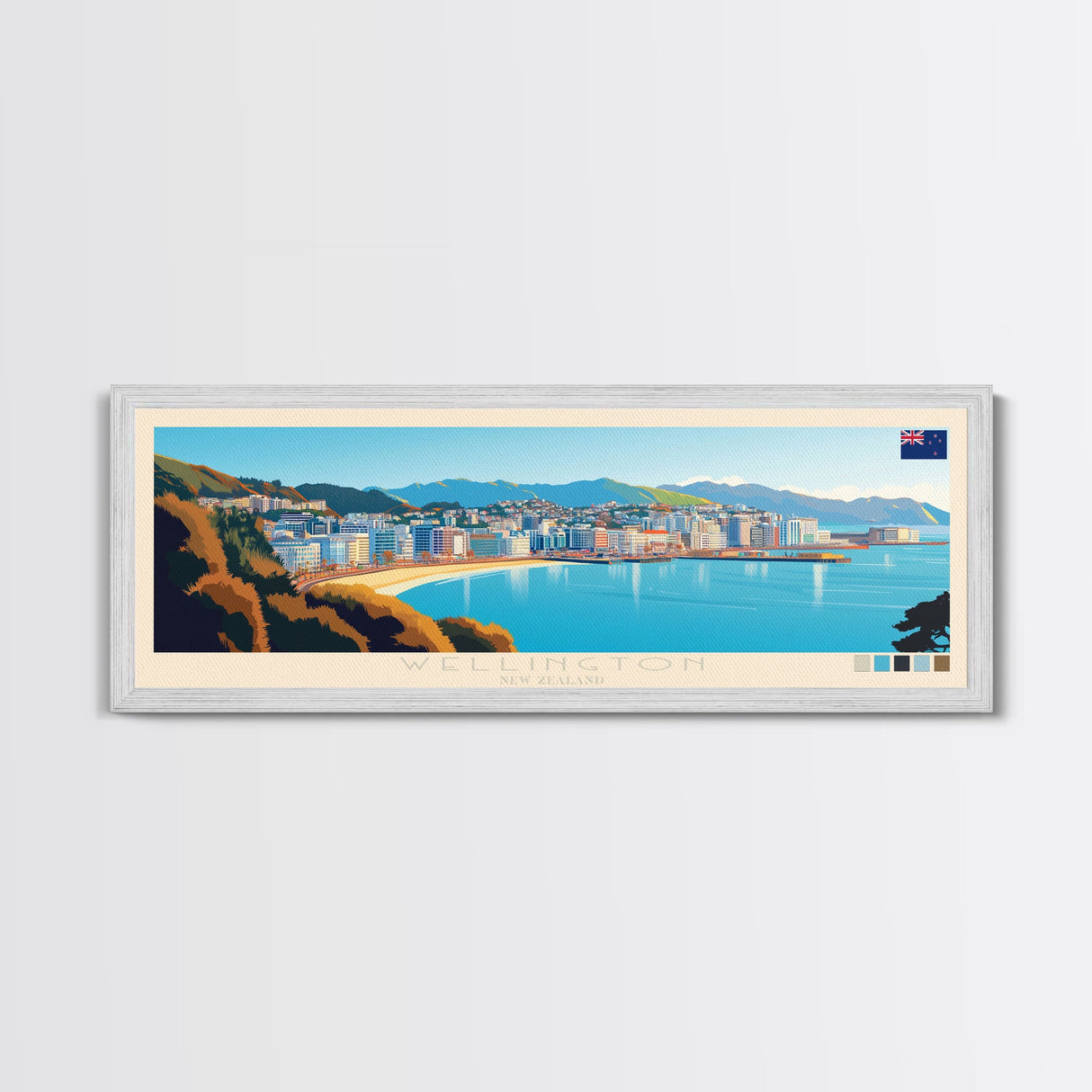 Wellington, New Zealand Panoramic Travel Poster Canvas Print, Wellington, New Zealand Painting, New Zealand Art, Wellington Panoramic Travel Art, Travel Painting