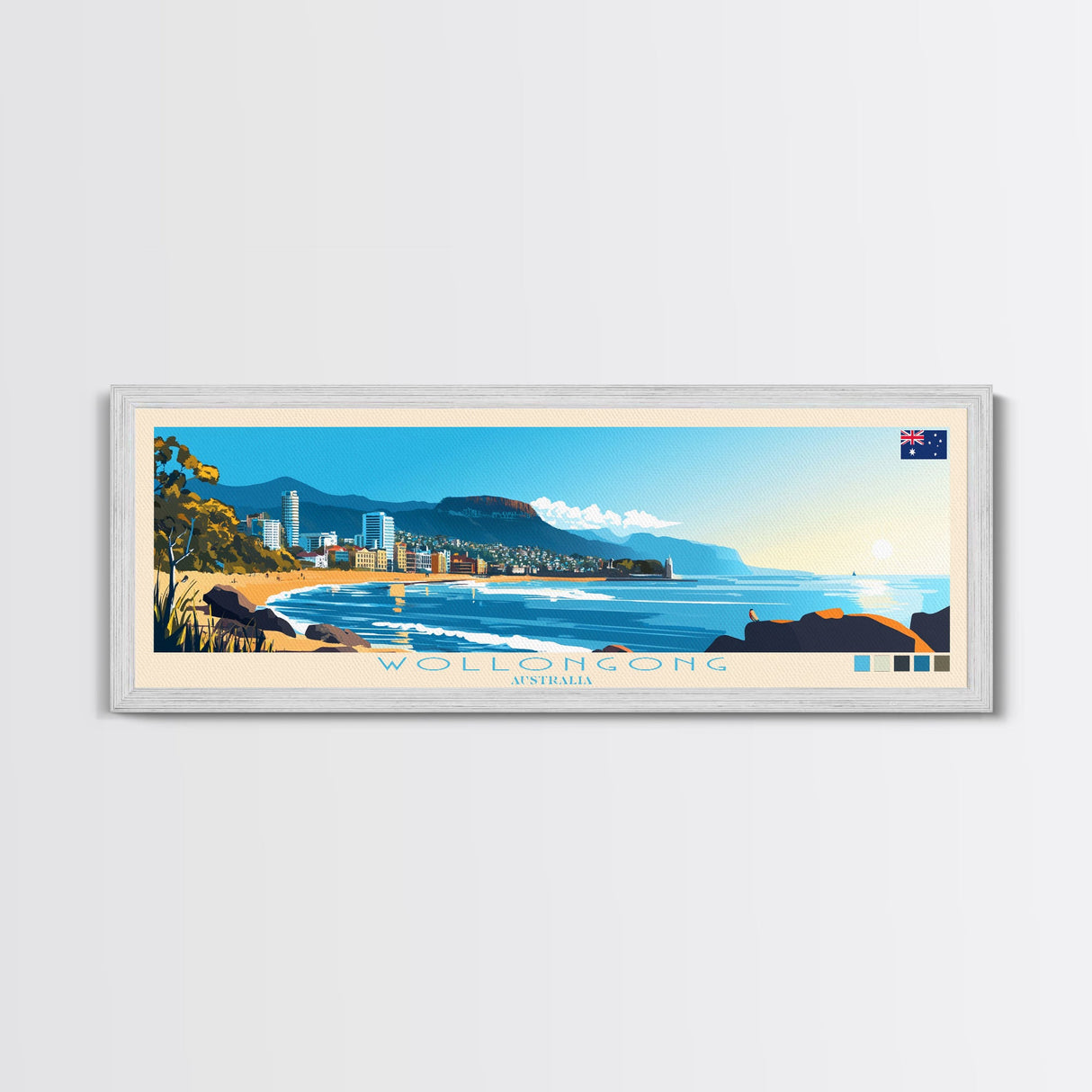 Panoramic Travel Poster Wollongong, Australia Canvas Print, Wollongong, Australia Painting, Australia Art, Wollongong Travel Art, Guest Room Painting