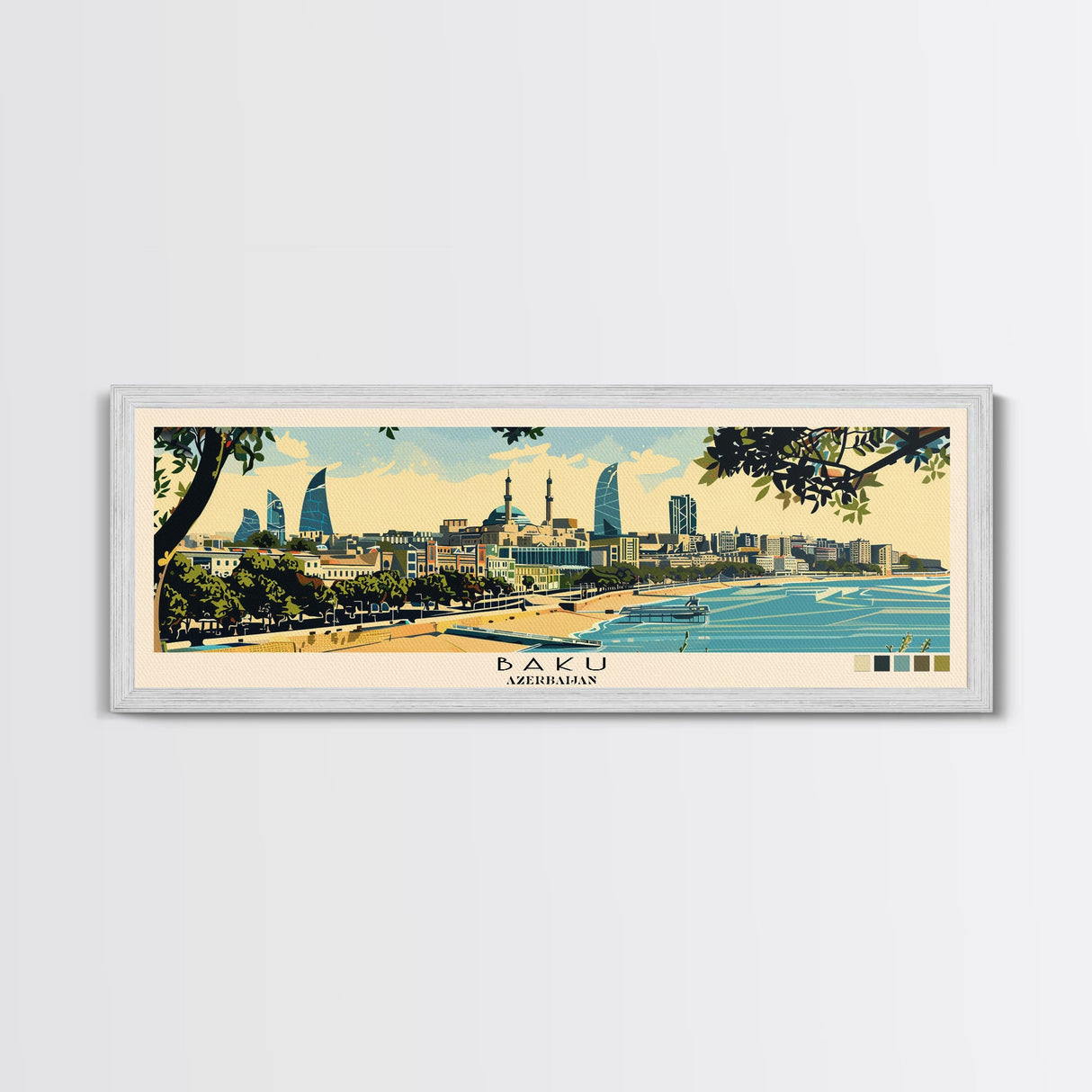 Baku, Azerbaijan Panoramic Canvas Print, Baku, Azerbaijan Painting, Azerbaijan Art, Baku Travel Poster, Travel Art, Living Room Painting